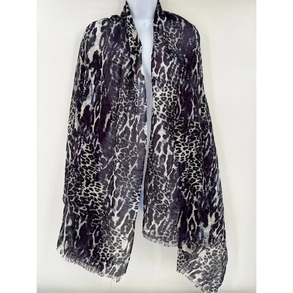 Chico's Purple Black Leopard Animal Print Lightweight Fringe Scarf Wrap